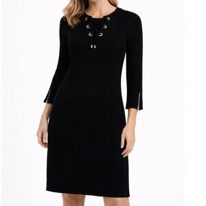 Calvin Klein Knit Sweater Dress size Small Black Gold Grommet Laced 3/4 Sleeve
